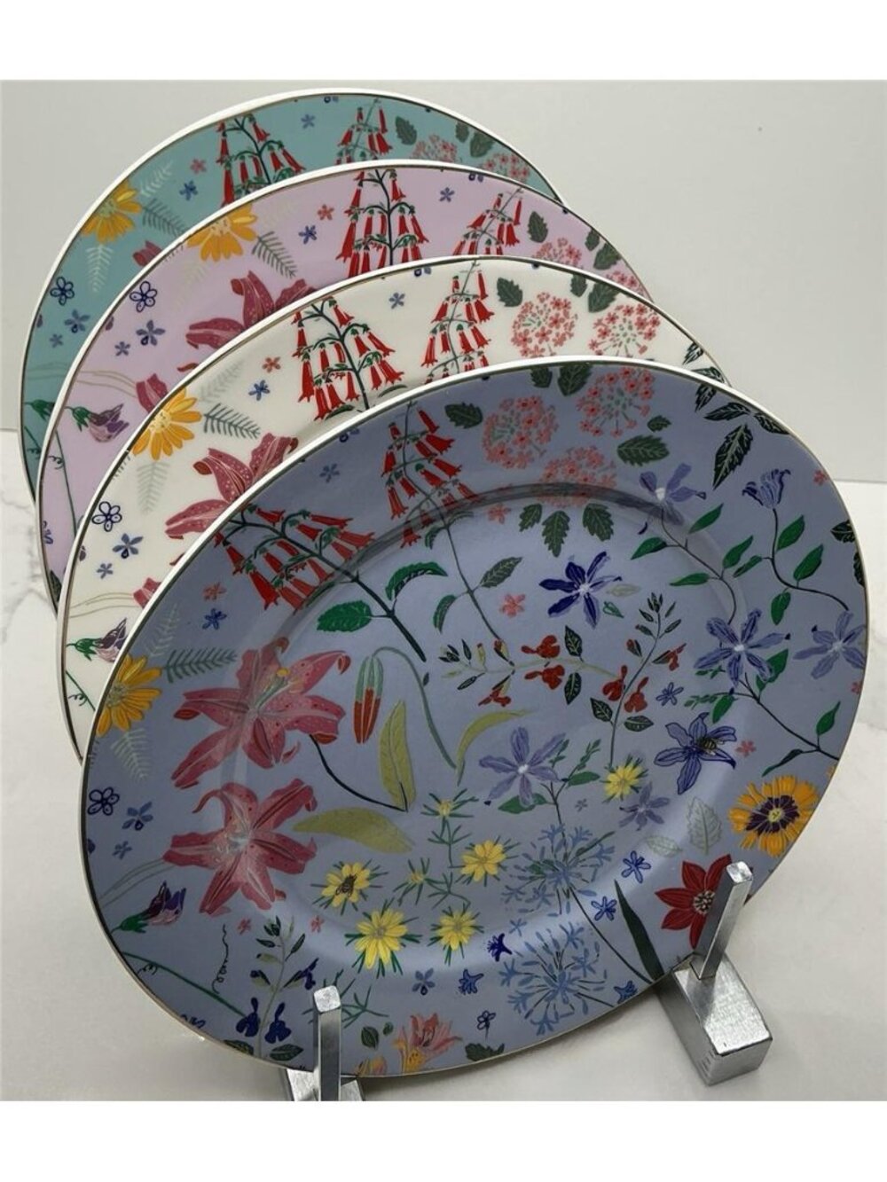 4 Grace Teaware Salad Plate COLORFUL Spring Floral Flowers Butterfly 8" NEW
